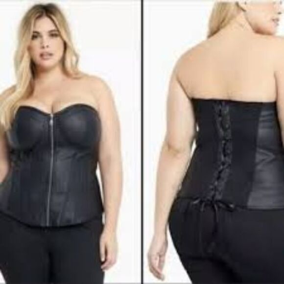 Torrid Zip Front Faux Leather Corset Top Womens Plus Size 2 Black Strapless NWT - Picture 1 of 5